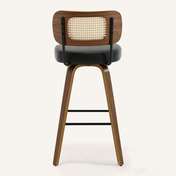 Moravia Bar Stool in Black Hron Leather, Bar Height, with Rattan Backrest