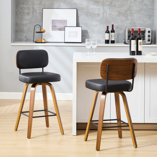 Moravia Bar Stool in Black Hron Leather, Counter Height, with Leather Backrest