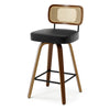 Moravia Bar Stool in Black Hron Leather, Counter Height, with Rattan Backrest