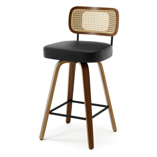 Moravia Bar Stool in Black Hron Leather, Counter Height, with Rattan Backrest