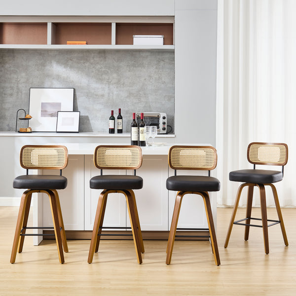 Moravia Bar Stool in Black Hron Leather, Counter Height, with Rattan Backrest
