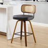 Moravia Bar Stool in Black Hron Leather, Counter Height, with Rattan Backrest