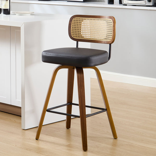 Moravia Bar Stool in Black Hron Leather, Counter Height, with Rattan Backrest