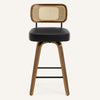Moravia Bar Stool in Black Hron Leather, Counter Height, with Rattan Backrest
