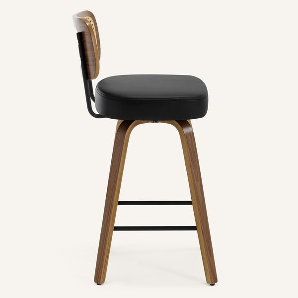 Moravia Bar Stool in Black Hron Leather, Counter Height, with Rattan Backrest