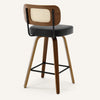 Moravia Bar Stool in Black Hron Leather, Counter Height, with Rattan Backrest