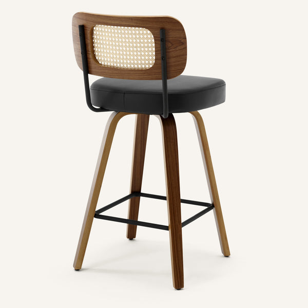 Moravia Bar Stool in Black Hron Leather, Counter Height, with Rattan Backrest