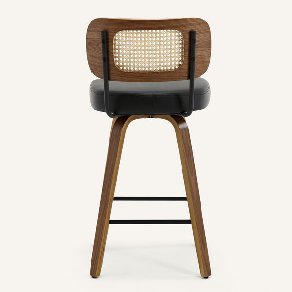 Moravia Bar Stool in Black Hron Leather, Counter Height, with Rattan Backrest