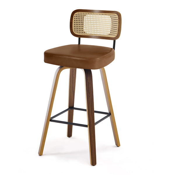 Moravia Bar Stool in Brown Mara Leather, Bar Height, with Rattan Backrest