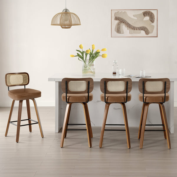 Moravia Bar Stool in Brown Mara Leather, Bar Height, with Rattan Backrest