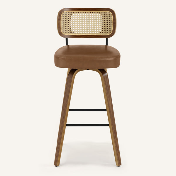 Moravia Bar Stool in Brown Mara Leather, Bar Height, with Rattan Backrest