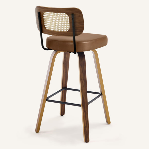 Moravia Bar Stool in Brown Mara Leather, Bar Height, with Rattan Backrest