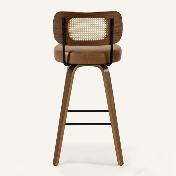 Moravia Bar Stool in Brown Mara Leather, Bar Height, with Rattan Backrest