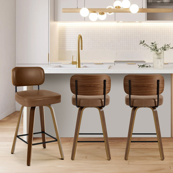Moravia Bar Stool in Brown Mara Leather, Counter Height, with Leather Backrest