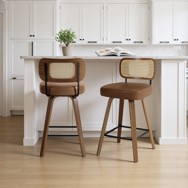 Moravia Bar Stool in Brown Mara Leather, Counter Height, with Rattan Backrest