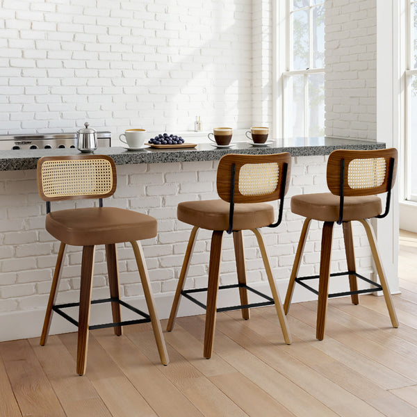 Moravia Bar Stool in Brown Mara Leather, Counter Height, with Rattan Backrest