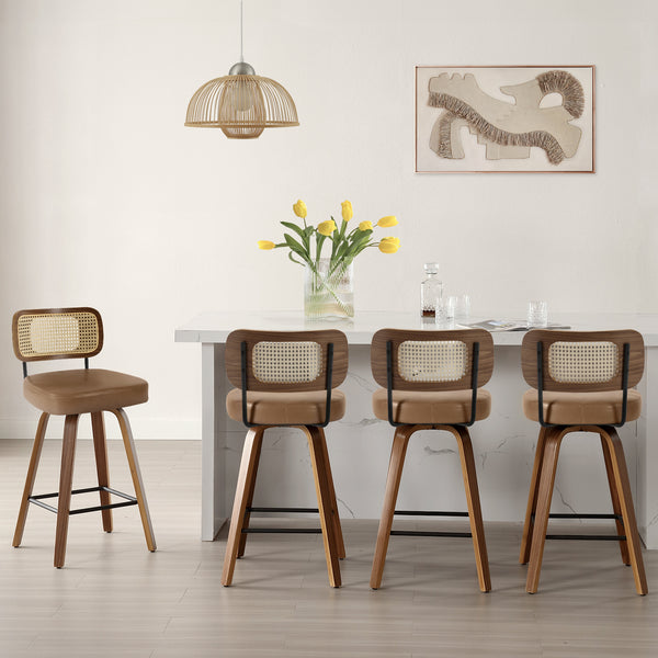 Moravia Bar Stool in Brown Mara Leather, Counter Height, with Rattan Backrest