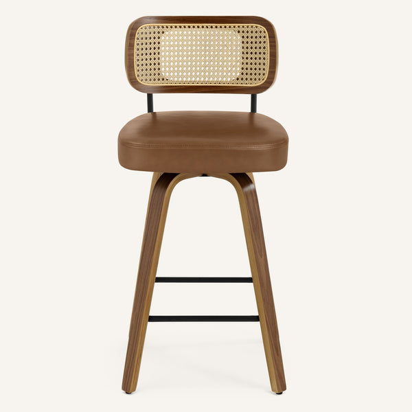 Moravia Bar Stool in Brown Mara Leather, Counter Height, with Rattan Backrest