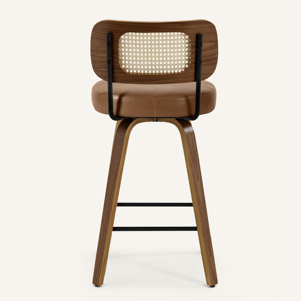 Moravia Bar Stool in Brown Mara Leather, Counter Height, with Rattan Backrest