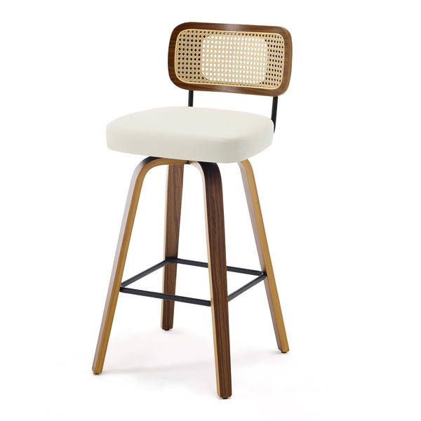 Moravia Bar Stool in Cream Hron Leather, Bar Height, with Rattan Backrest