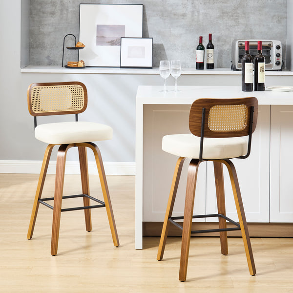 Moravia Bar Stool in Cream Hron Leather, Bar Height, with Rattan Backrest