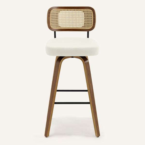Moravia Bar Stool in Cream Hron Leather, Bar Height, with Rattan Backrest
