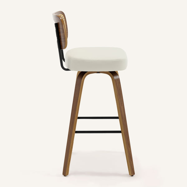 Moravia Bar Stool in Cream Hron Leather, Bar Height, with Rattan Backrest