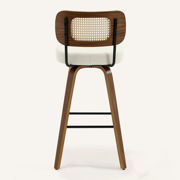 Moravia Bar Stool in Cream Hron Leather, Bar Height, with Rattan Backrest