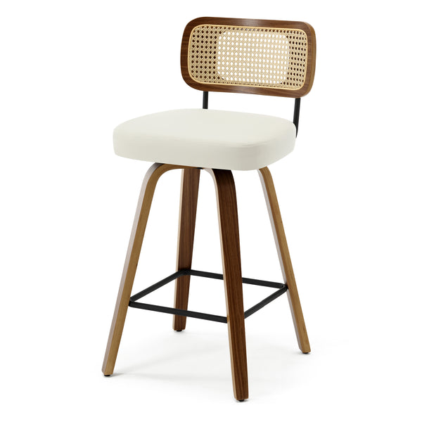 Moravia Bar Stool in Cream Hron Leather, Counter Height, with Rattan Backrest