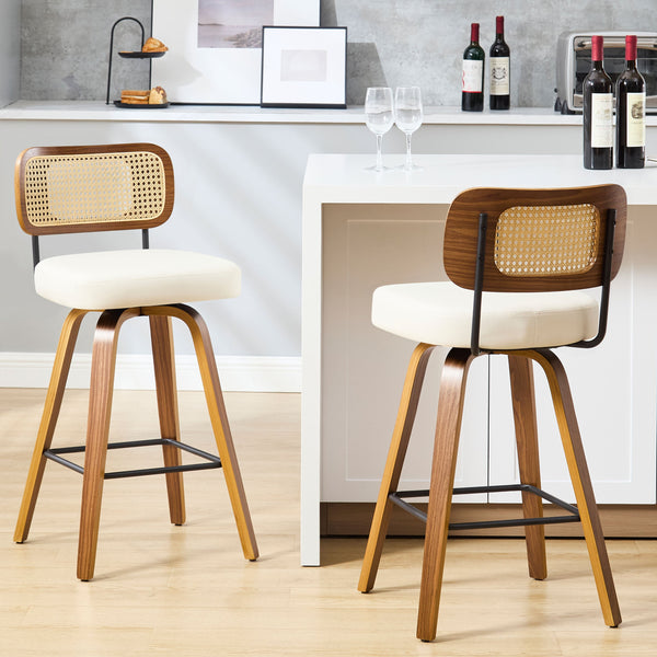 Moravia Bar Stool in Cream Hron Leather, Counter Height, with Rattan Backrest