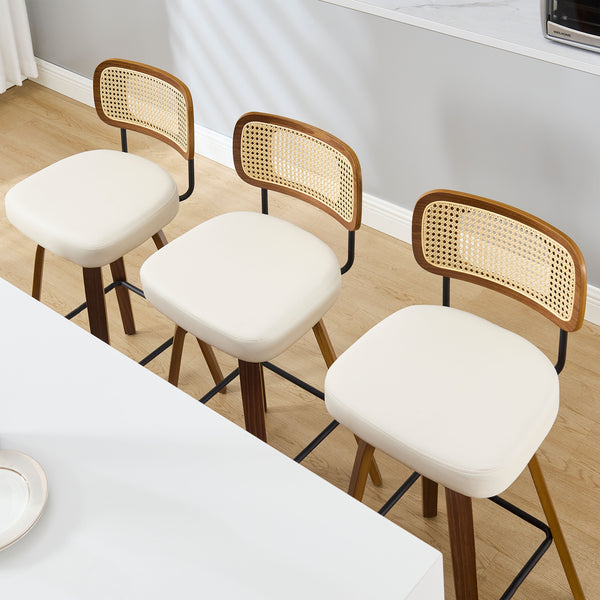 Moravia Bar Stool in Cream Hron Leather, Counter Height, with Rattan Backrest