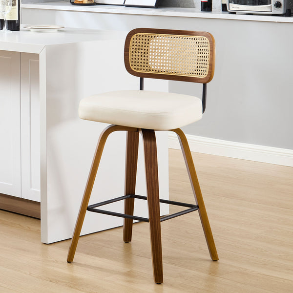 Moravia Bar Stool in Cream Hron Leather, Counter Height, with Rattan Backrest