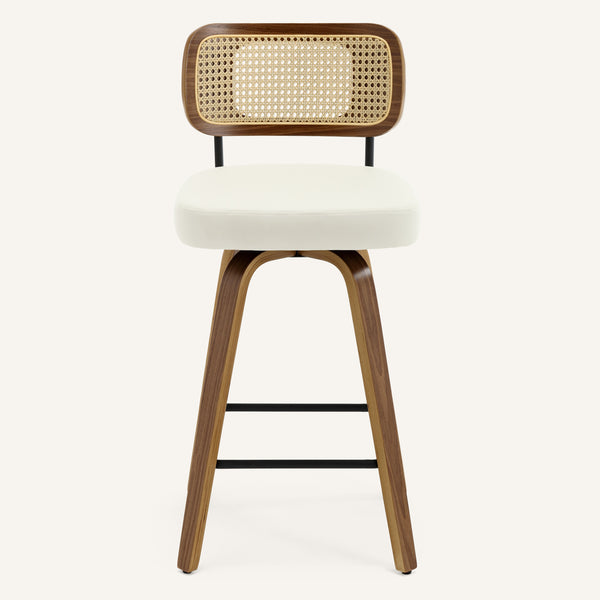 Moravia Bar Stool in Cream Hron Leather, Counter Height, with Rattan Backrest