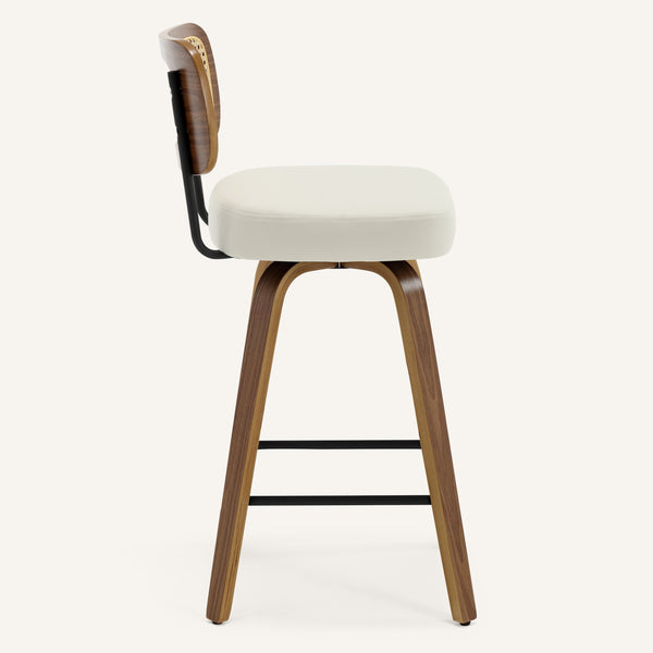 Moravia Bar Stool in Cream Hron Leather, Counter Height, with Rattan Backrest