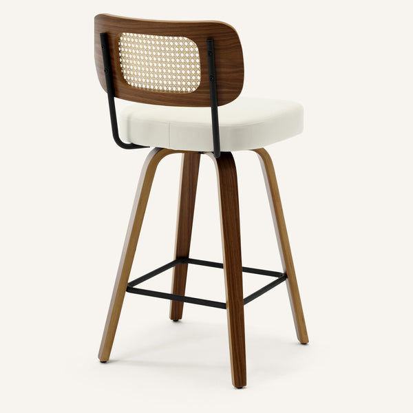 Moravia Bar Stool in Cream Hron Leather, Counter Height, with Rattan Backrest