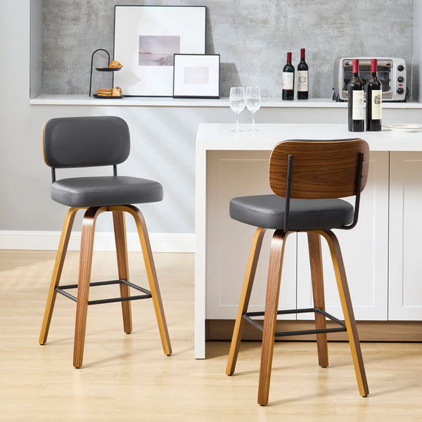 Moravia Bar Stool in Gray Hron Leather, Bar Height, with Leather Backrest