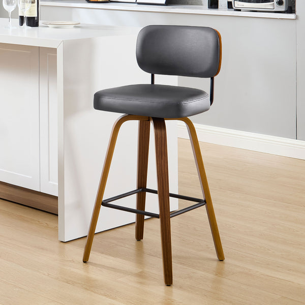 Moravia Bar Stool in Gray Hron Leather, Bar Height, with Leather Backrest