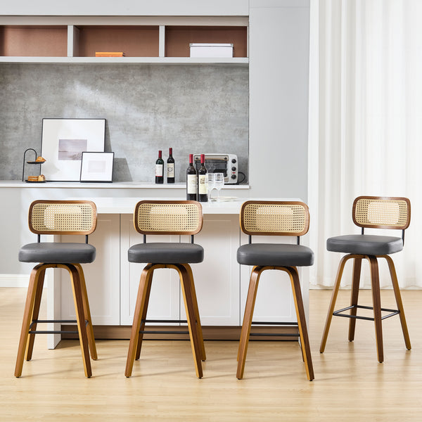Moravia Bar Stool in Gray Hron Leather, Bar Height, with Rattan Backrest