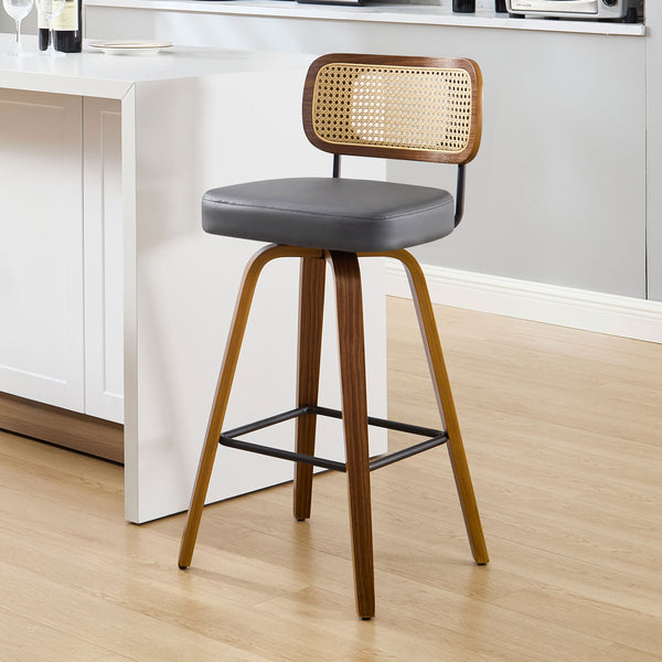 Moravia Bar Stool in Gray Hron Leather, Bar Height, with Rattan Backrest