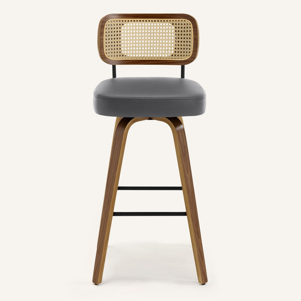 Moravia Bar Stool in Gray Hron Leather, Bar Height, with Rattan Backrest