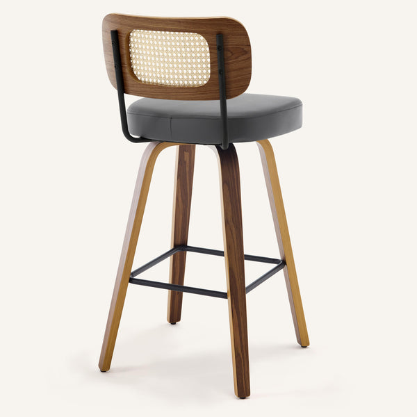Moravia Bar Stool in Gray Hron Leather, Bar Height, with Rattan Backrest