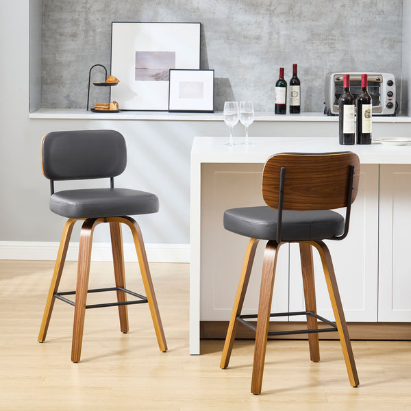 Moravia Bar Stool in Gray Hron Leather, Counter Height, with Leather Backrest