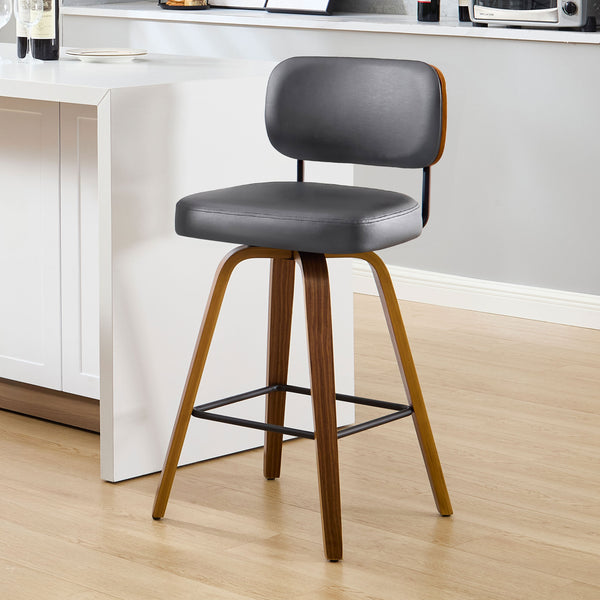 Moravia Bar Stool in Gray Hron Leather, Counter Height, with Leather Backrest