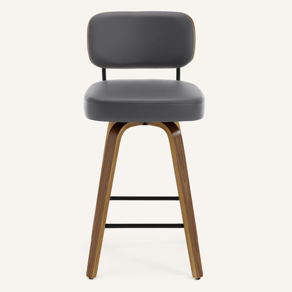 Moravia Bar Stool in Gray Hron Leather, Counter Height, with Leather Backrest
