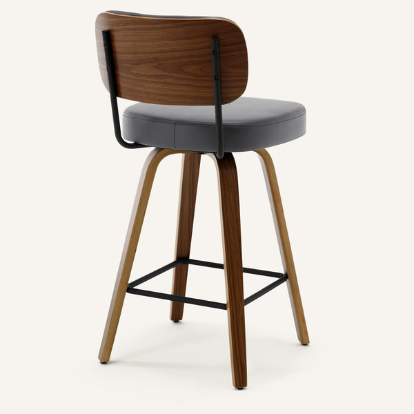 Moravia Bar Stool in Gray Hron Leather, Counter Height, with Leather Backrest