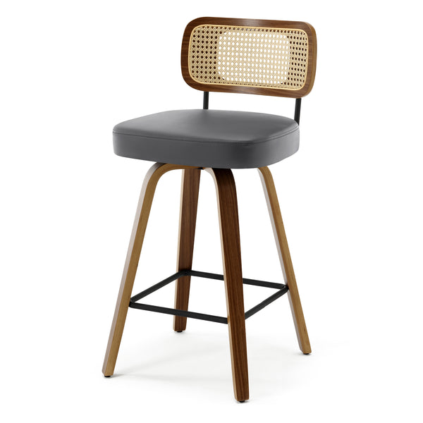 Moravia Bar Stool in Gray Hron Leather, Counter Height, with Rattan Backrest