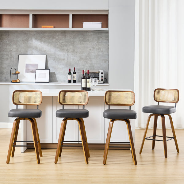 Moravia Bar Stool in Gray Hron Leather, Counter Height, with Rattan Backrest
