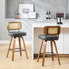 Moravia Bar Stool in Gray Hron Leather, Counter Height, with Rattan Backrest