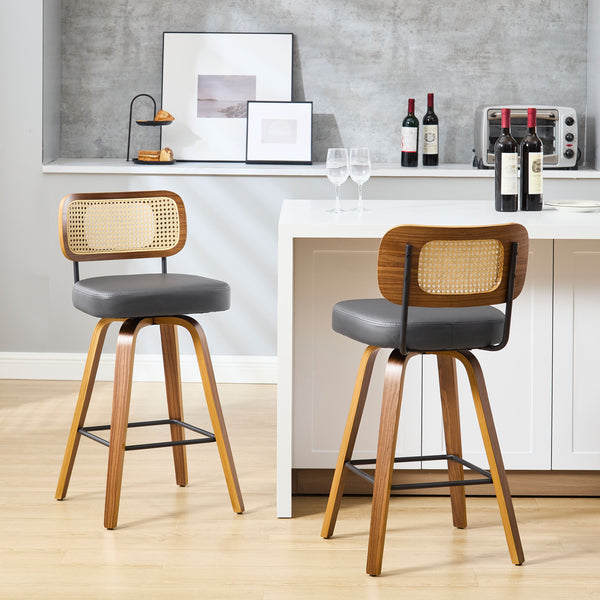 Moravia Bar Stool in Gray Hron Leather, Counter Height, with Rattan Backrest