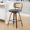 Moravia Bar Stool in Gray Hron Leather, Counter Height, with Rattan Backrest